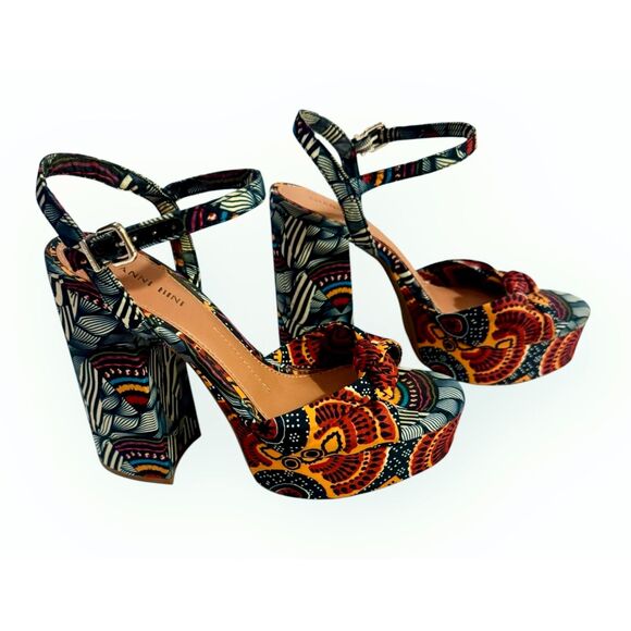 GIANNI BINI sz9 Platform Shoes Blue Red Canvas Retro Block Heel Ankle Strap Sexy - Picture 16 of 16